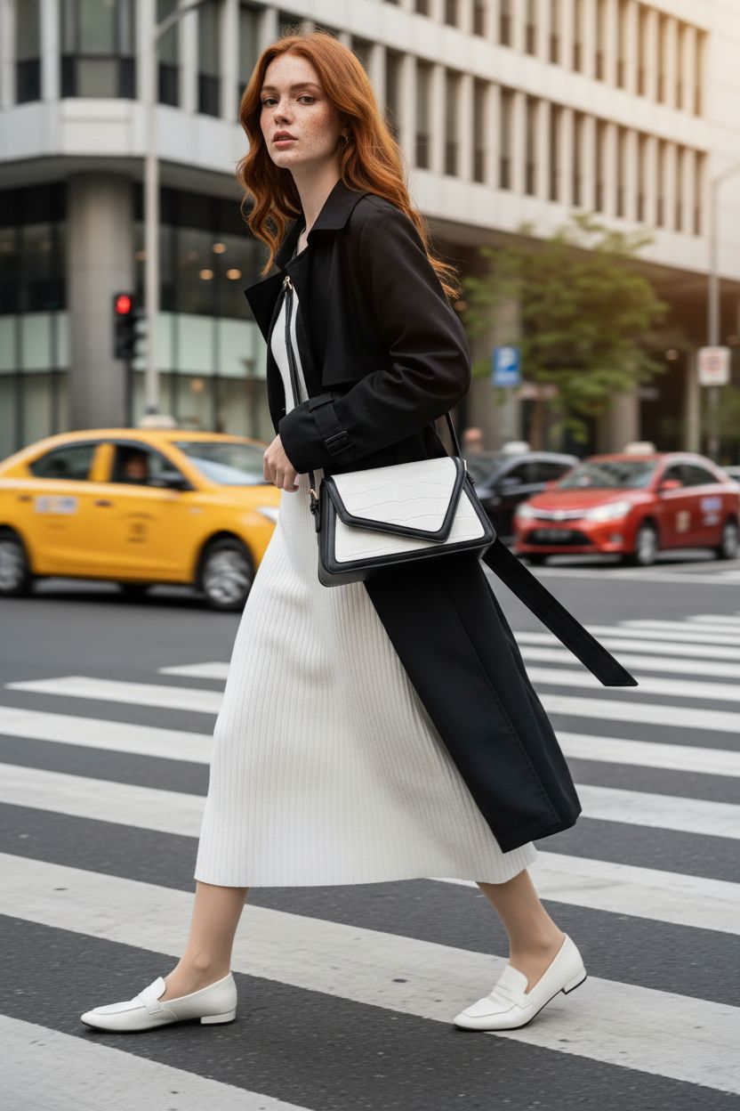 Petite model showcases QWINEE black and white bag against a vibrant city backdrop.