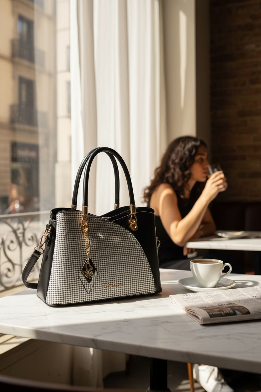 SiMYEER black and white purse elegantly placed on a café table, capturing morning light.