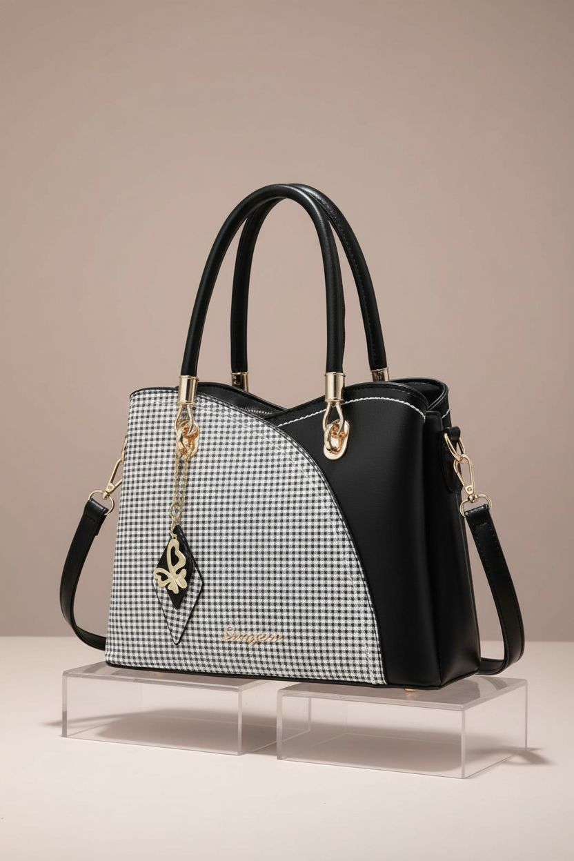 Close-up of SiMYEER black and white purse highlighting smooth leather and stitching.