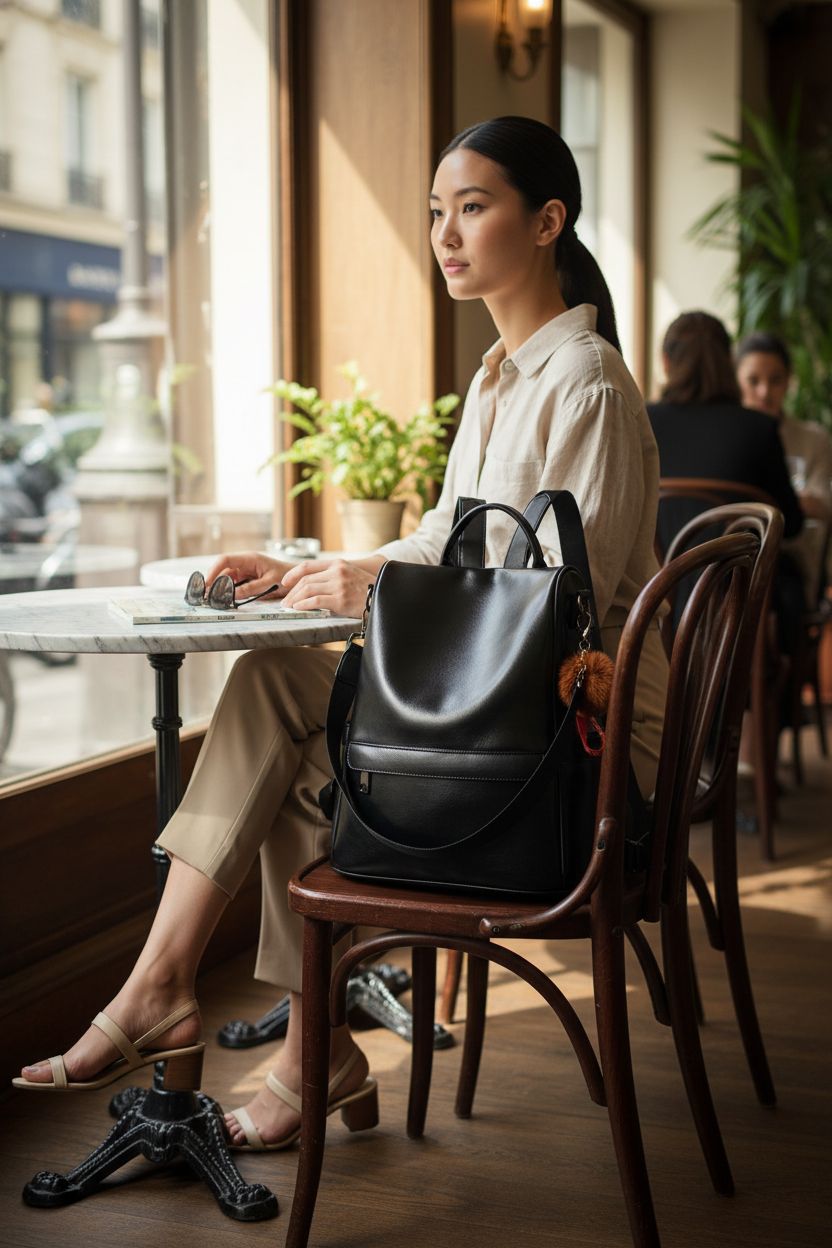 CHERUTY black backpack purse resting on a chair in a sunlit café, ideal for urban explorers.