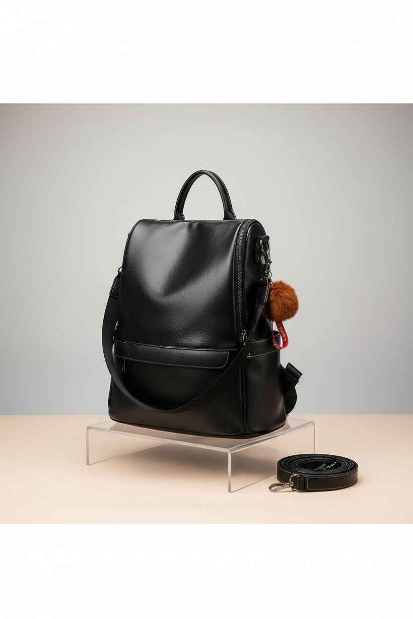 Close-up of CHERUTY black backpack purse highlighting PU leather texture and anti-theft zipper.