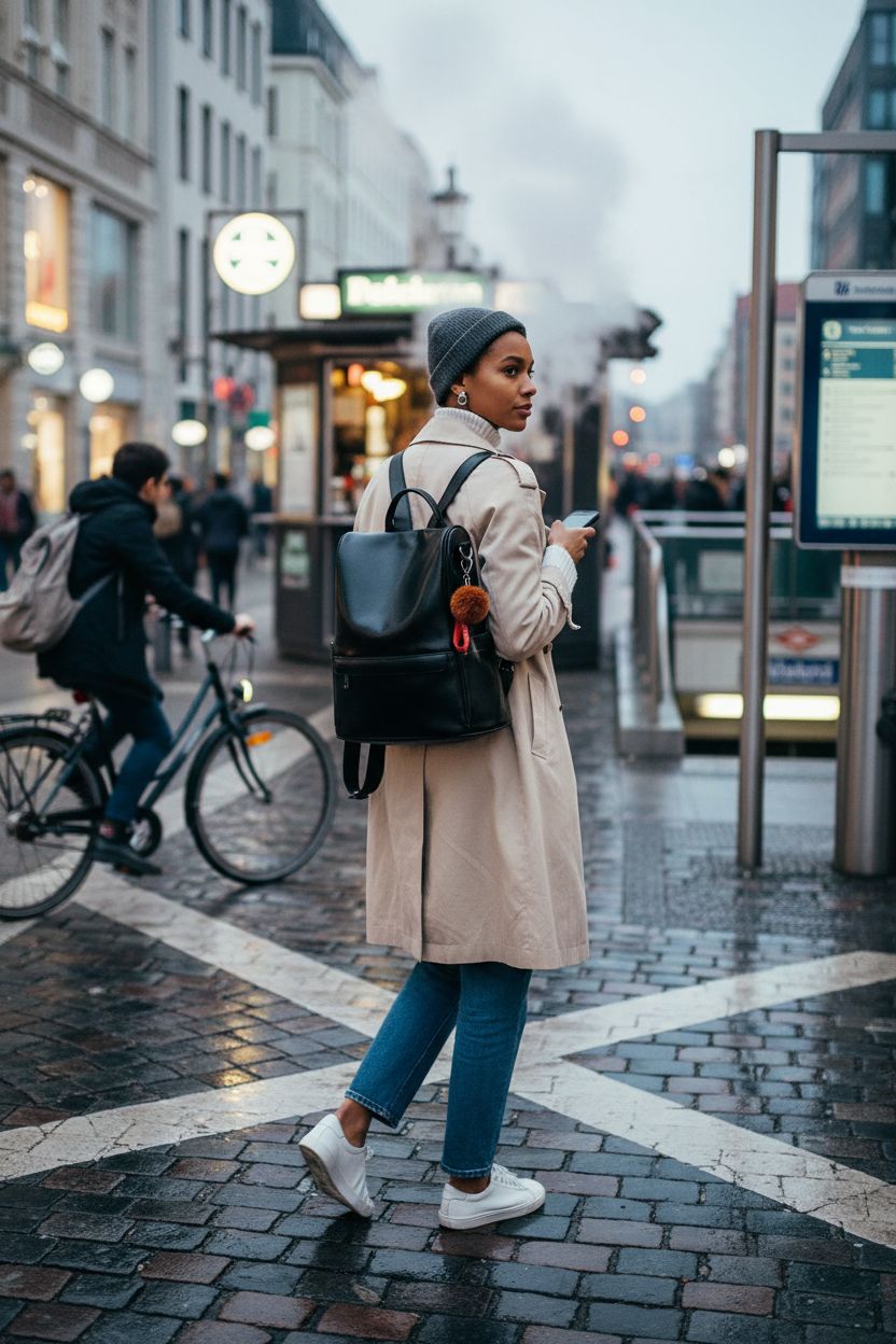 CHERUTY black backpack purse worn stylishly during a morning commute, showcasing anti-theft features.