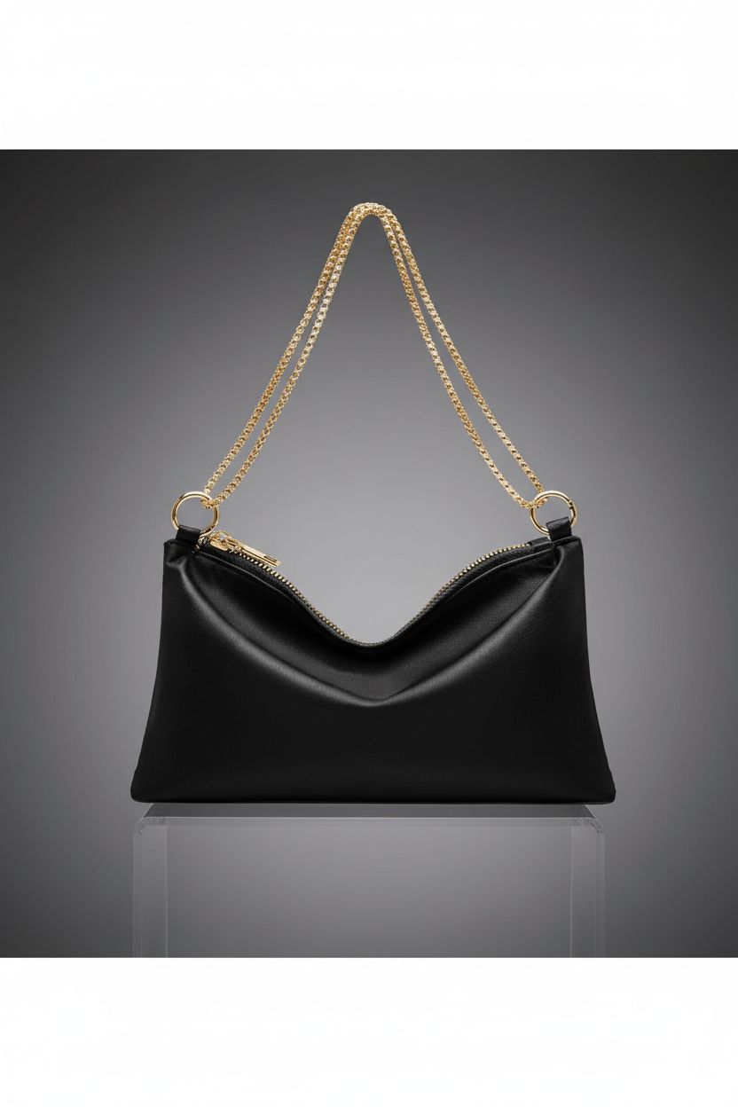 oscaurt black satin clutch showcased on a clear acrylic riser in a studio