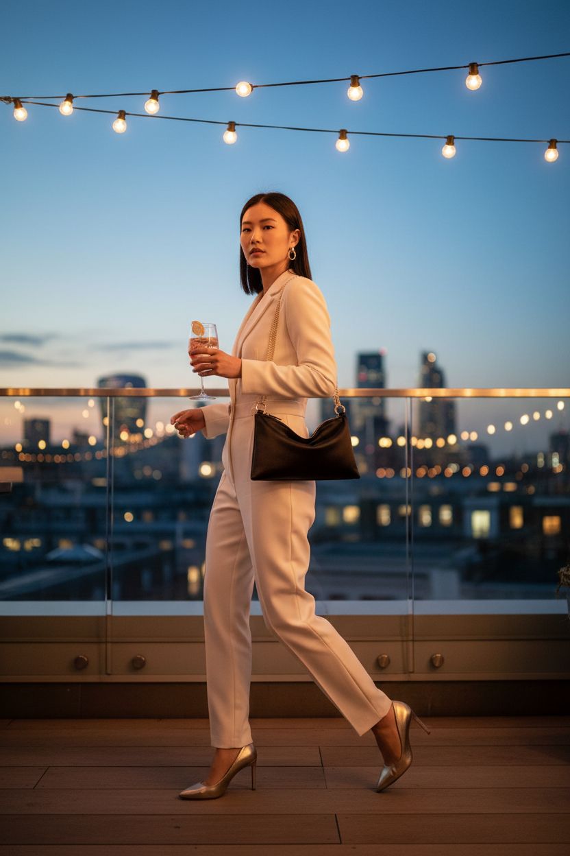 oscaurt black satin clutch with gold chain on a rooftop during golden hour
