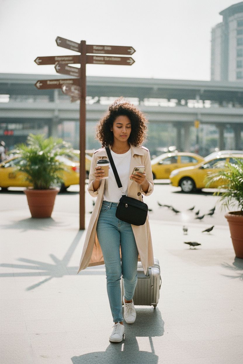 MAXTOP black crossbody purse worn by a traveler in a bustling plaza