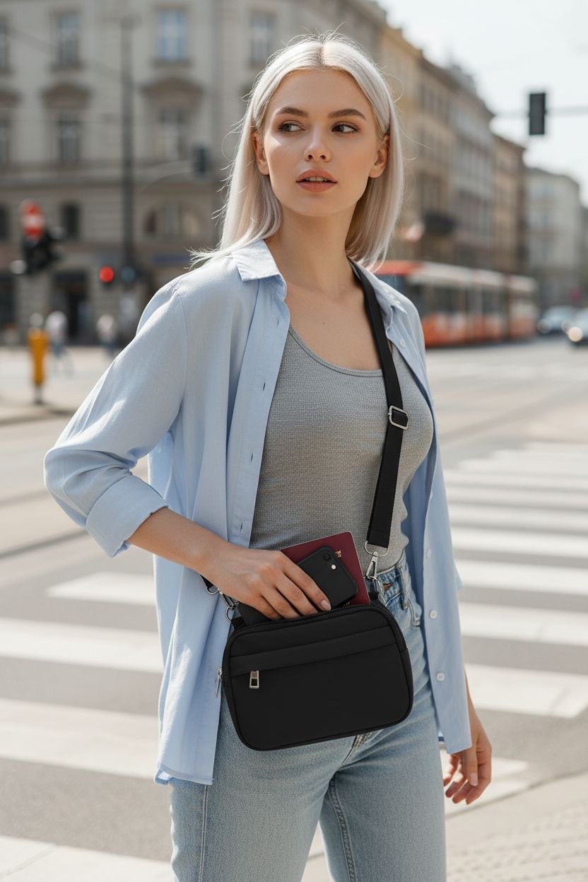 MAXTOP black crossbody bag showcased with a phone and passport, perfect for travel.