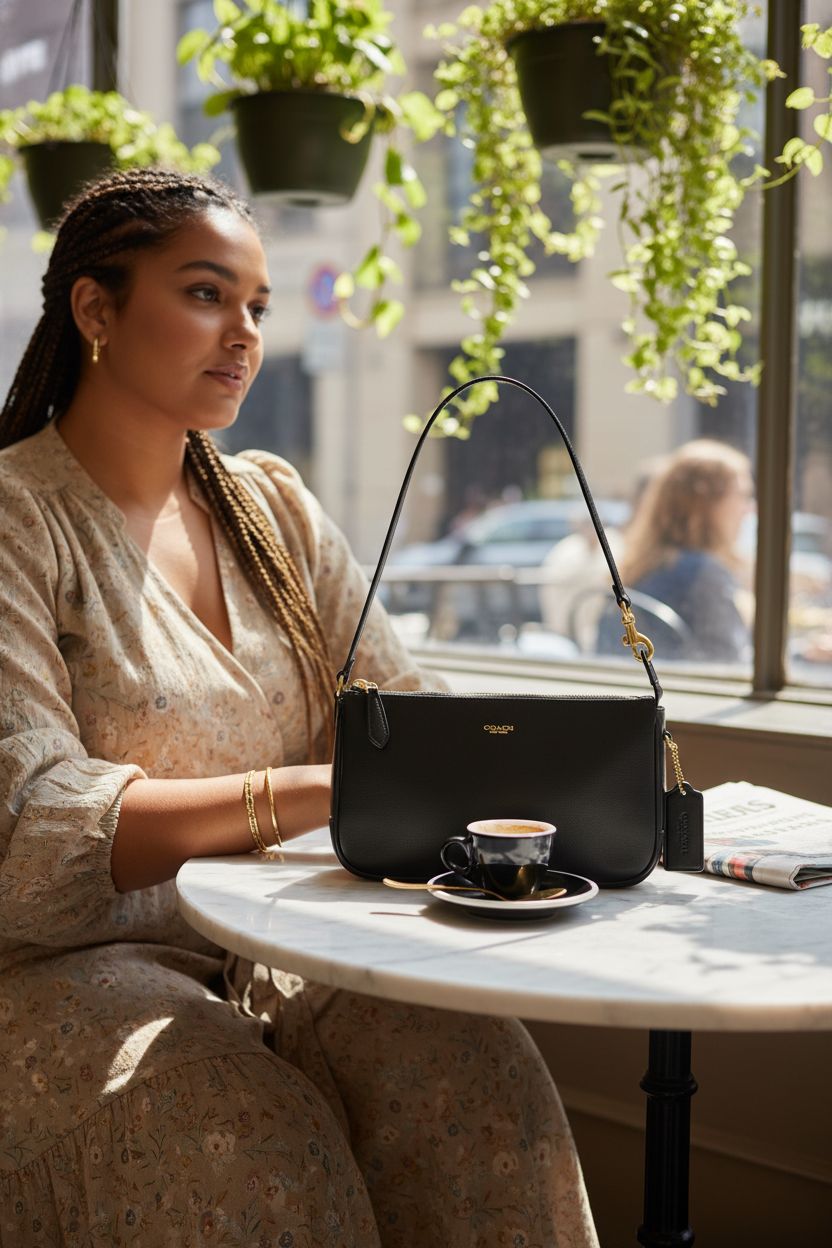Black Coach Plaza Bag beside a demitasse at a sunlit café table.