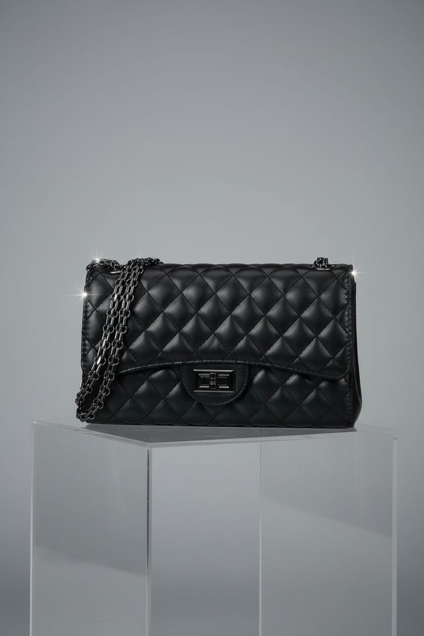 Gladdon black designer purse on a minimal acrylic riser, showcasing its luxurious faux leather and quilted design.