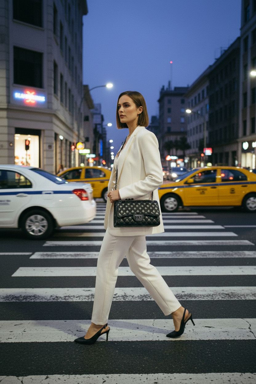Gladdon black designer purse in motion, highlighting its sleek chain and sophisticated design on the street.