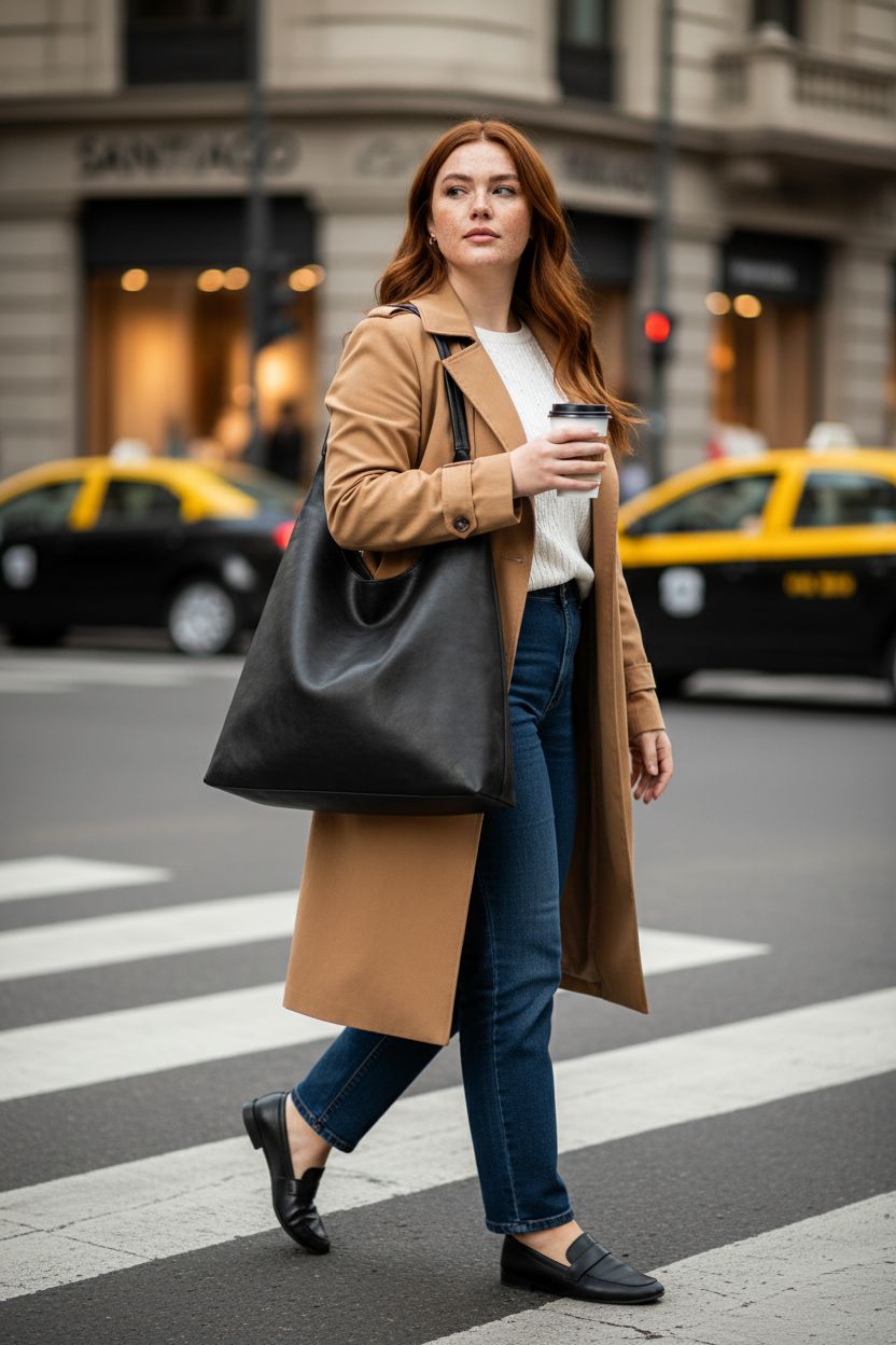 Black vegan leather hobo bag by Utenwat, styled in a business district with a warm morning glow.
