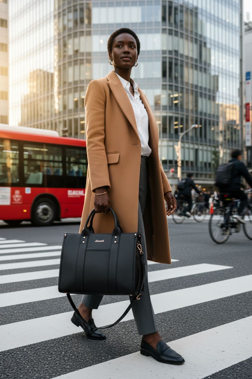 LOVEVOOK black leather purse carried in the city, perfect for busy professionals on the go
