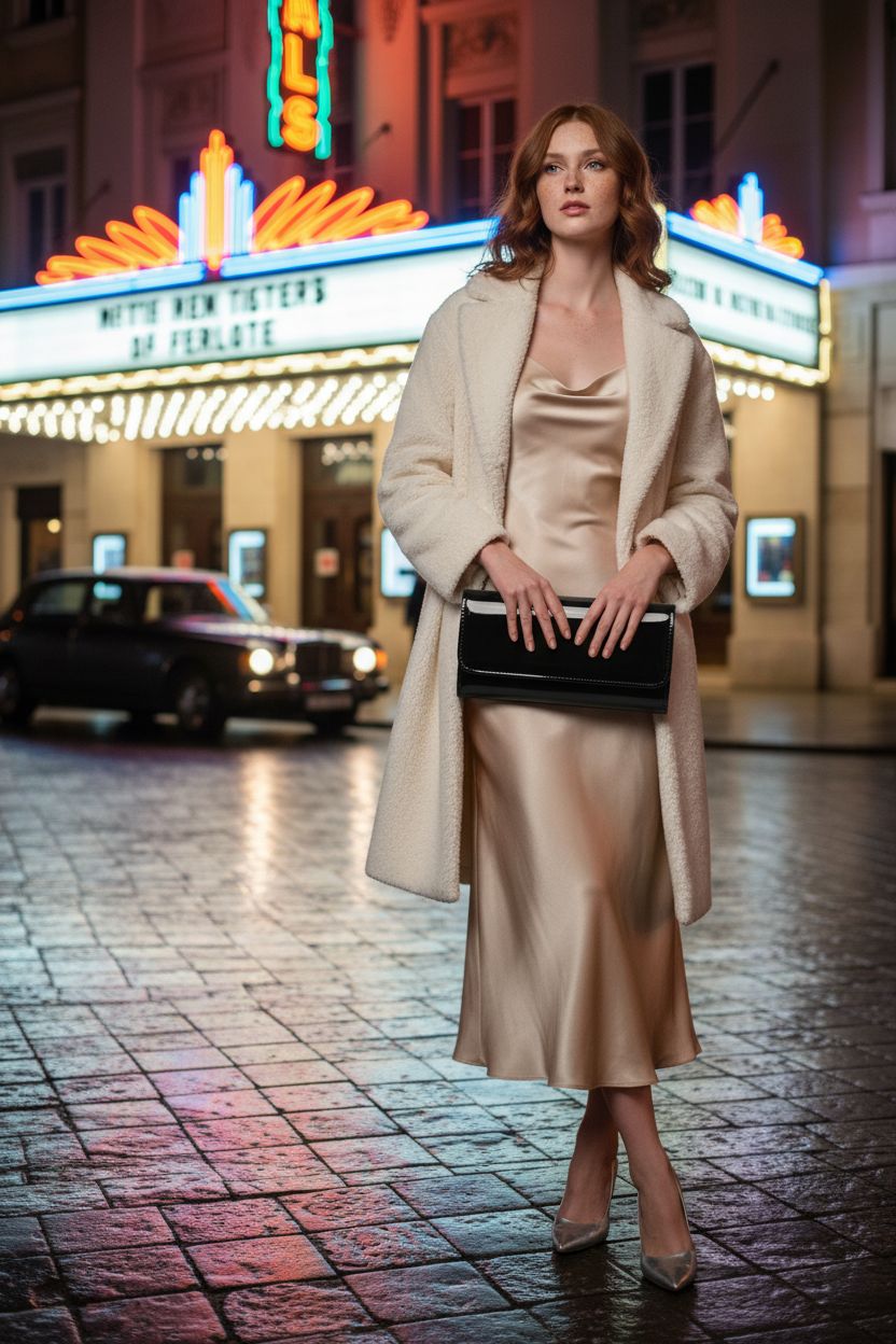 Gurina black patent leather purse showcased under art-deco theater lights, perfect for evening events.
