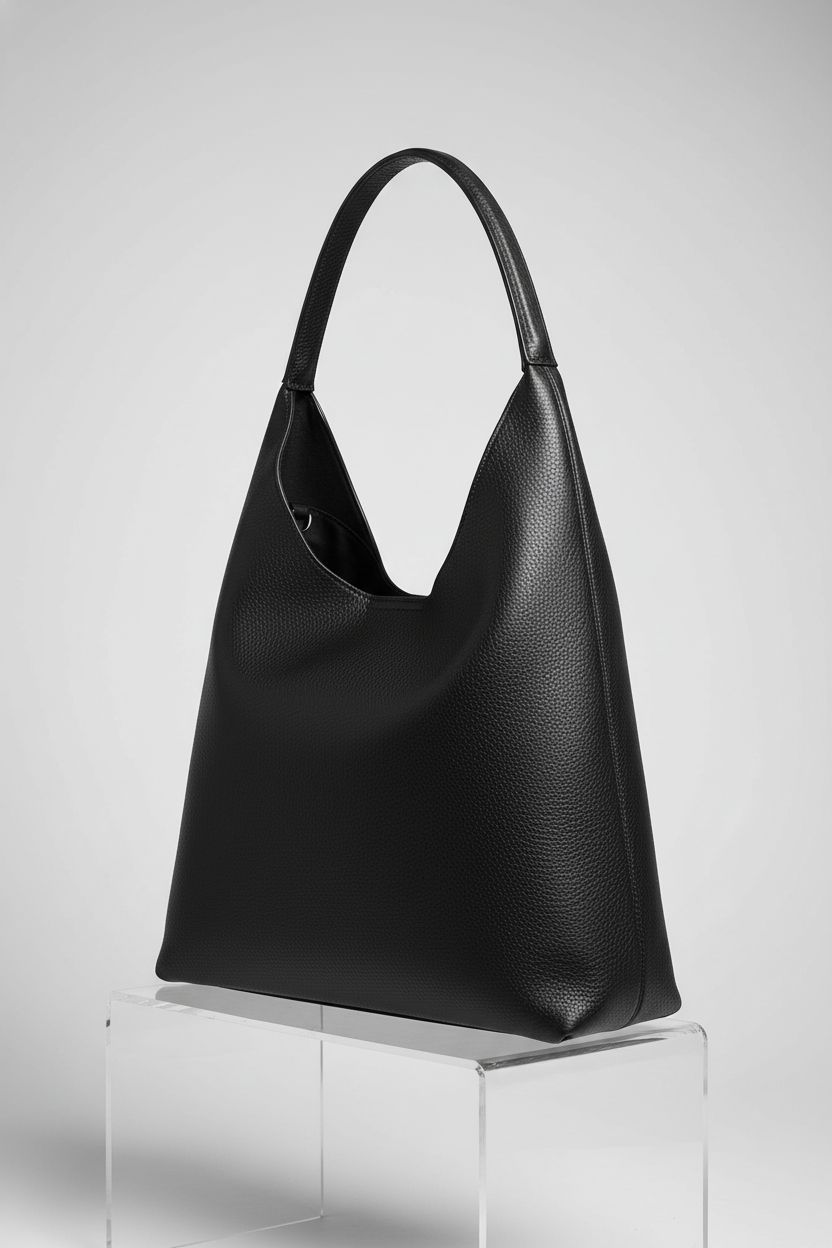 Detailed view of HOXIS black hobo bag showcasing vegan leather texture and secure magnetic closure.