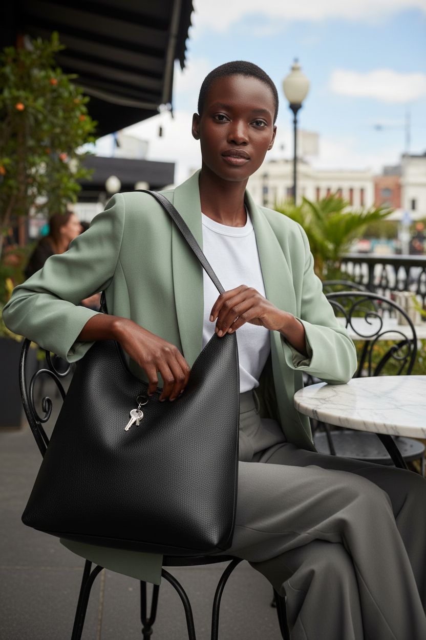 Black HOXIS hobo bag with vegan leather on café table, showcasing roomy opening and magnetic closure.