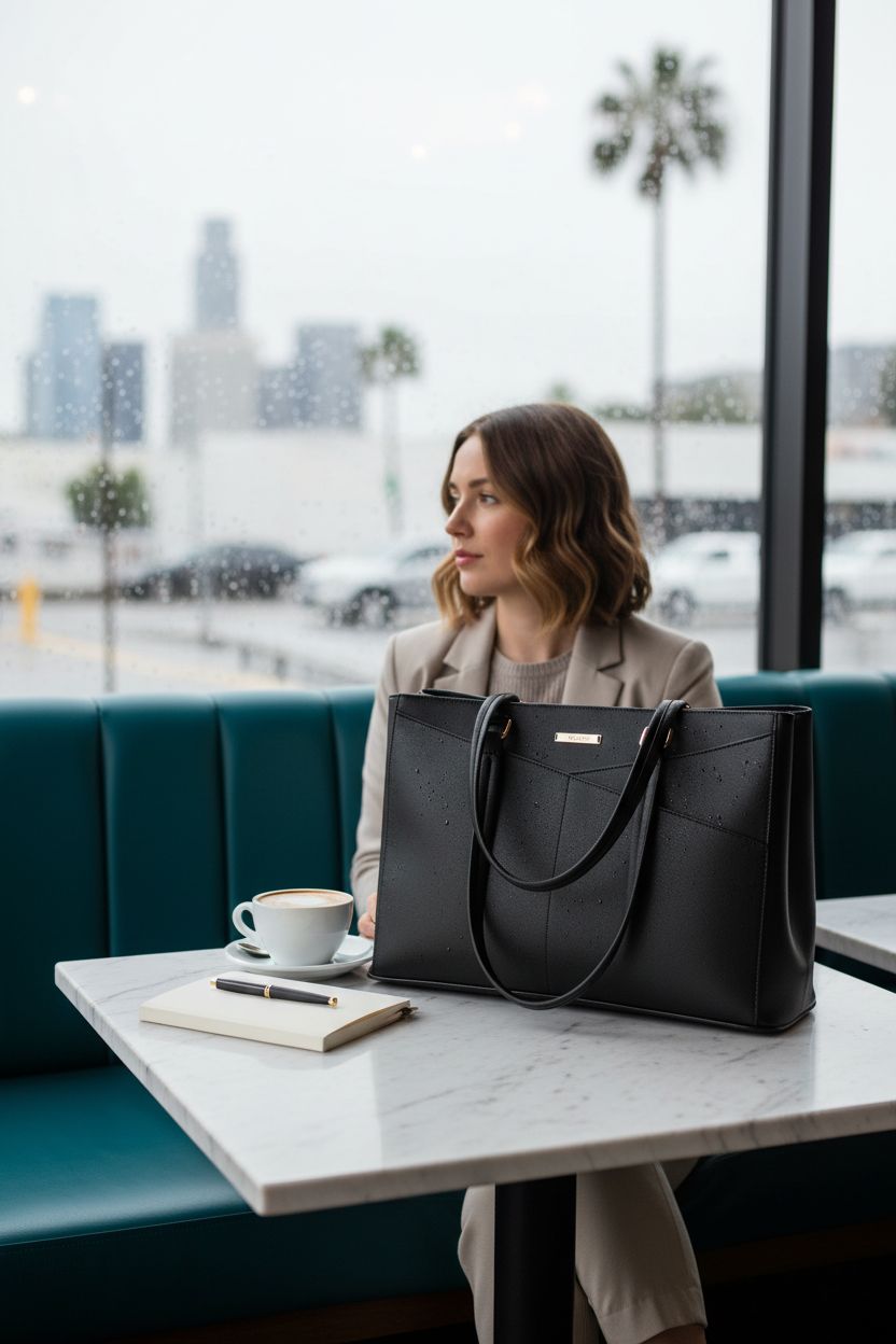 LOVEVOOK black tote bag beside a cappuccino in a cozy café, showcasing its waterproof leather