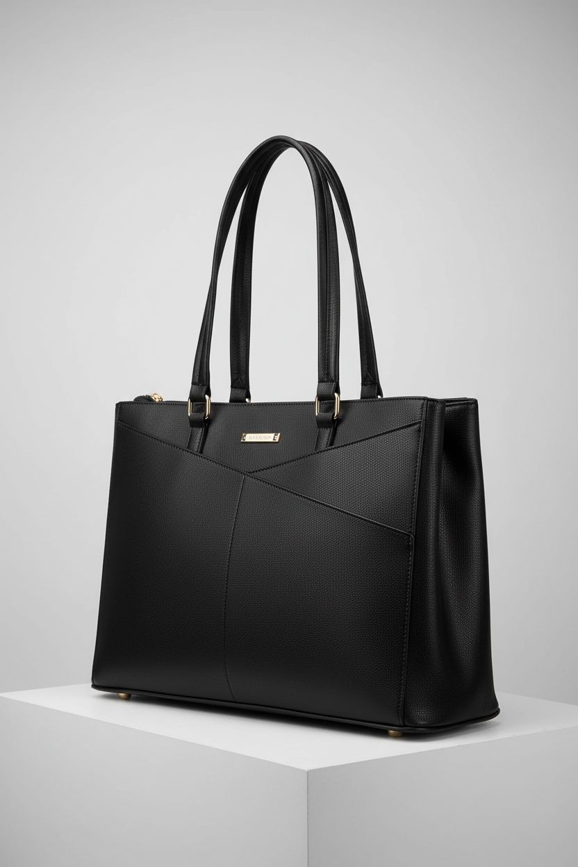 LOVEVOOK black tote bag displayed in studio, highlighting its sleek design and structured silhouette