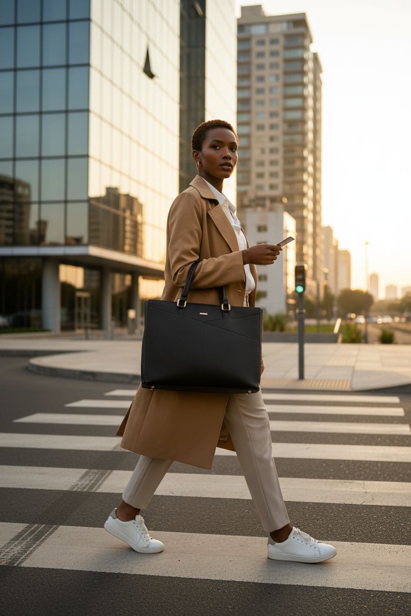 Stylish LOVEVOOK black tote bag on shoulder during morning commute, perfect for daily use