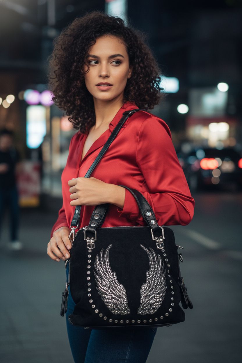 Zzfab Bling Purse with double handles and rhinestones, styled with a detachable strap.