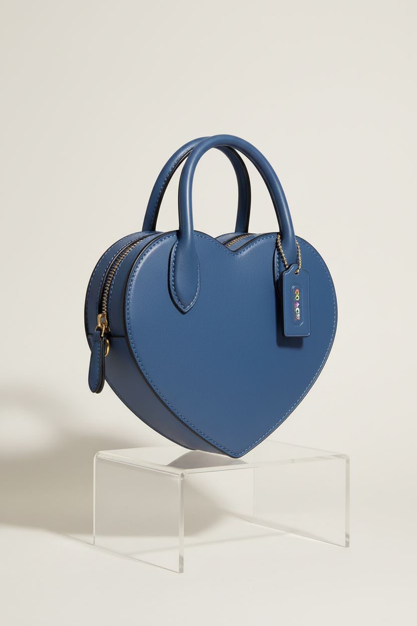 Detailed view of Coach Heart Crossbody Bag in blue leather, showcasing its craftsmanship on a light backdrop.