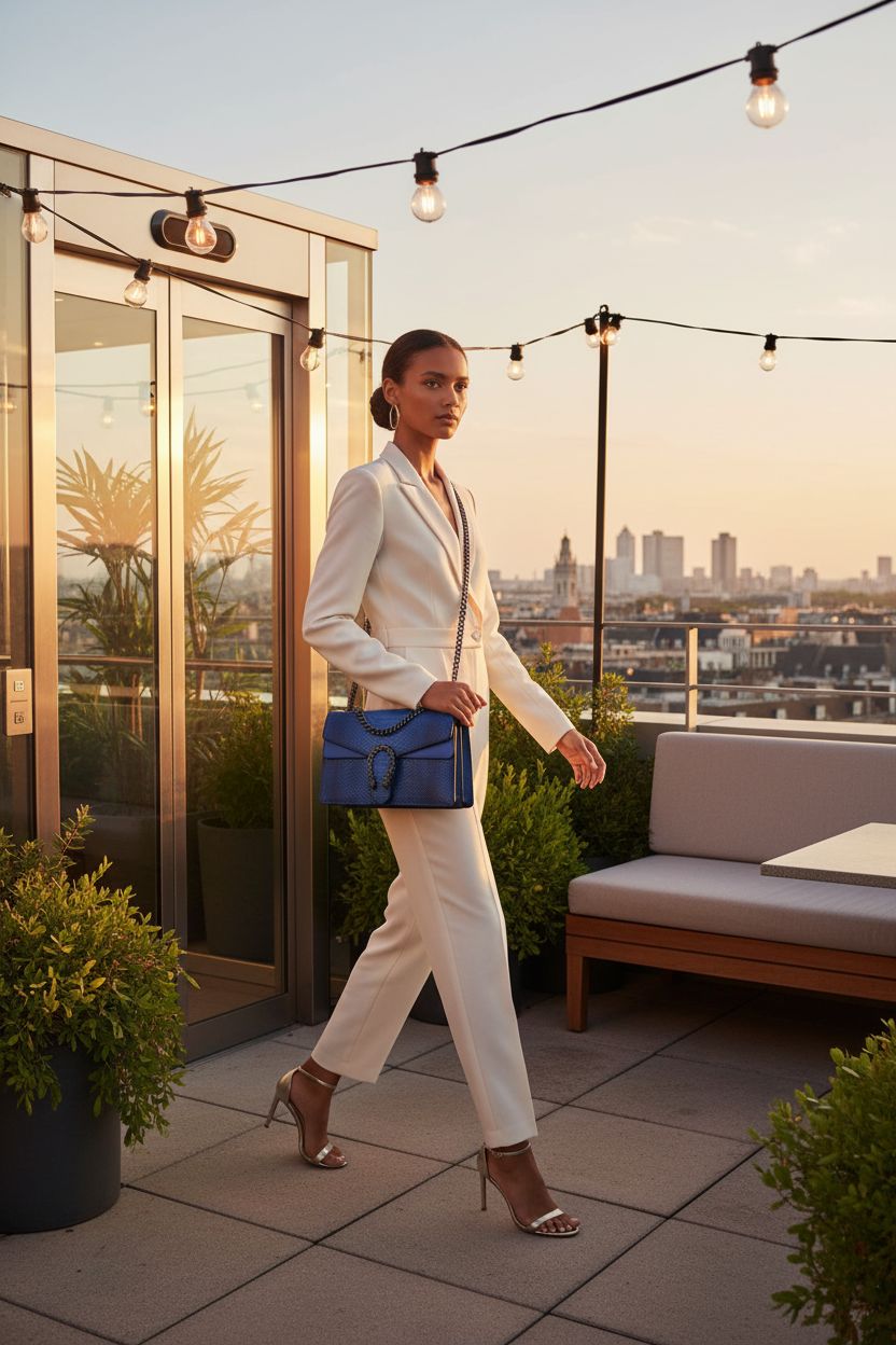 Cobalt snake-embossed MYHOZEE bag paired with a tailored jumpsuit on a rooftop