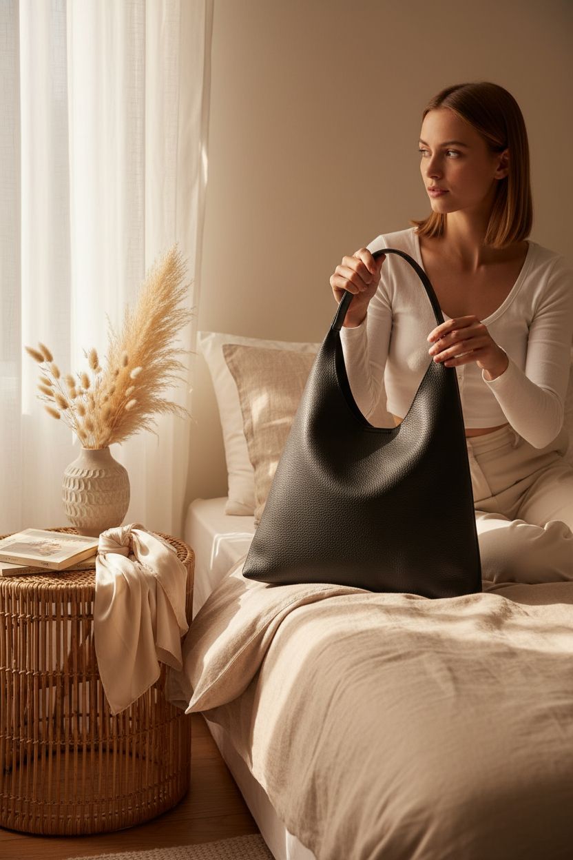 Black vegan leather hobo bag placed on a sunlit linen duvet, showcasing HOXIS style.