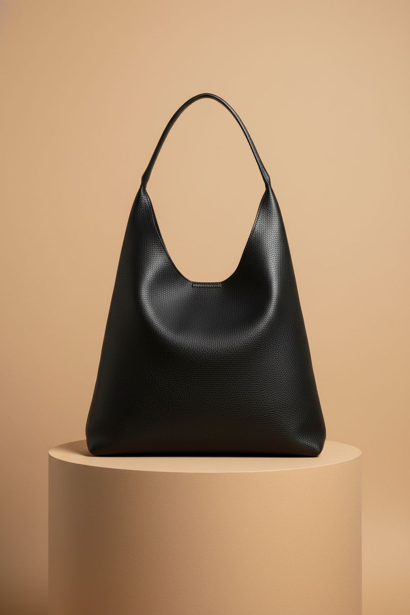 HOXIS black hobo bag displayed upright, highlighting its slouchy design and craftsmanship.