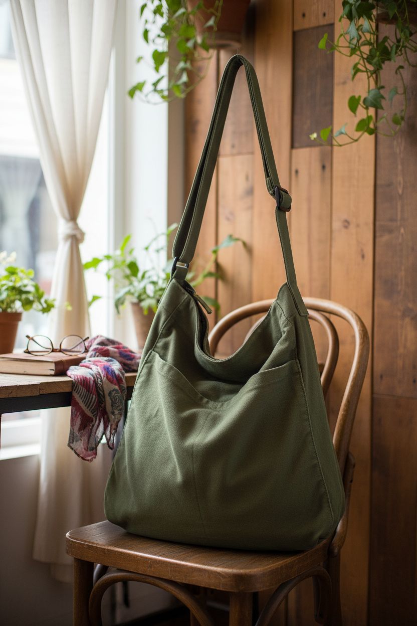 Olive hobo crossbody bag by NATINSA resting in a cozy café nook