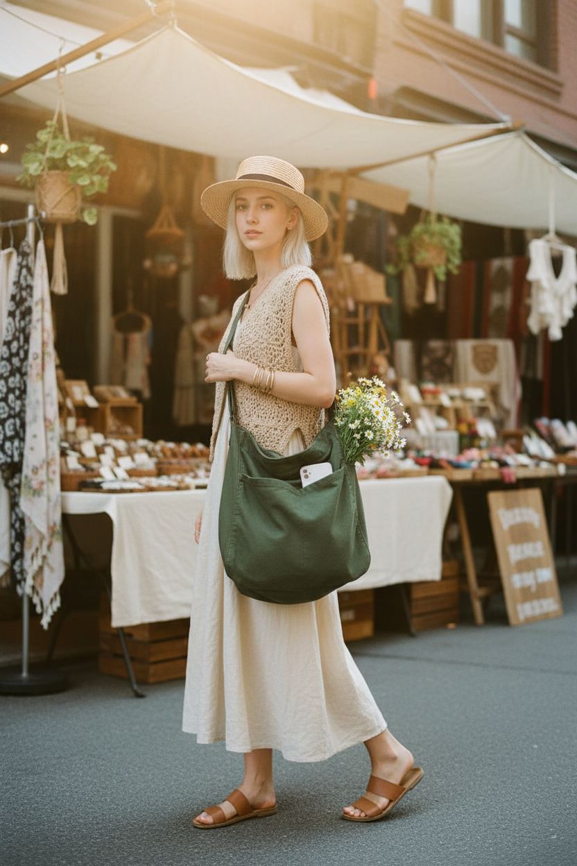Green canvas hobo crossbody bag by NATINSA amidst a sunlit artisan market