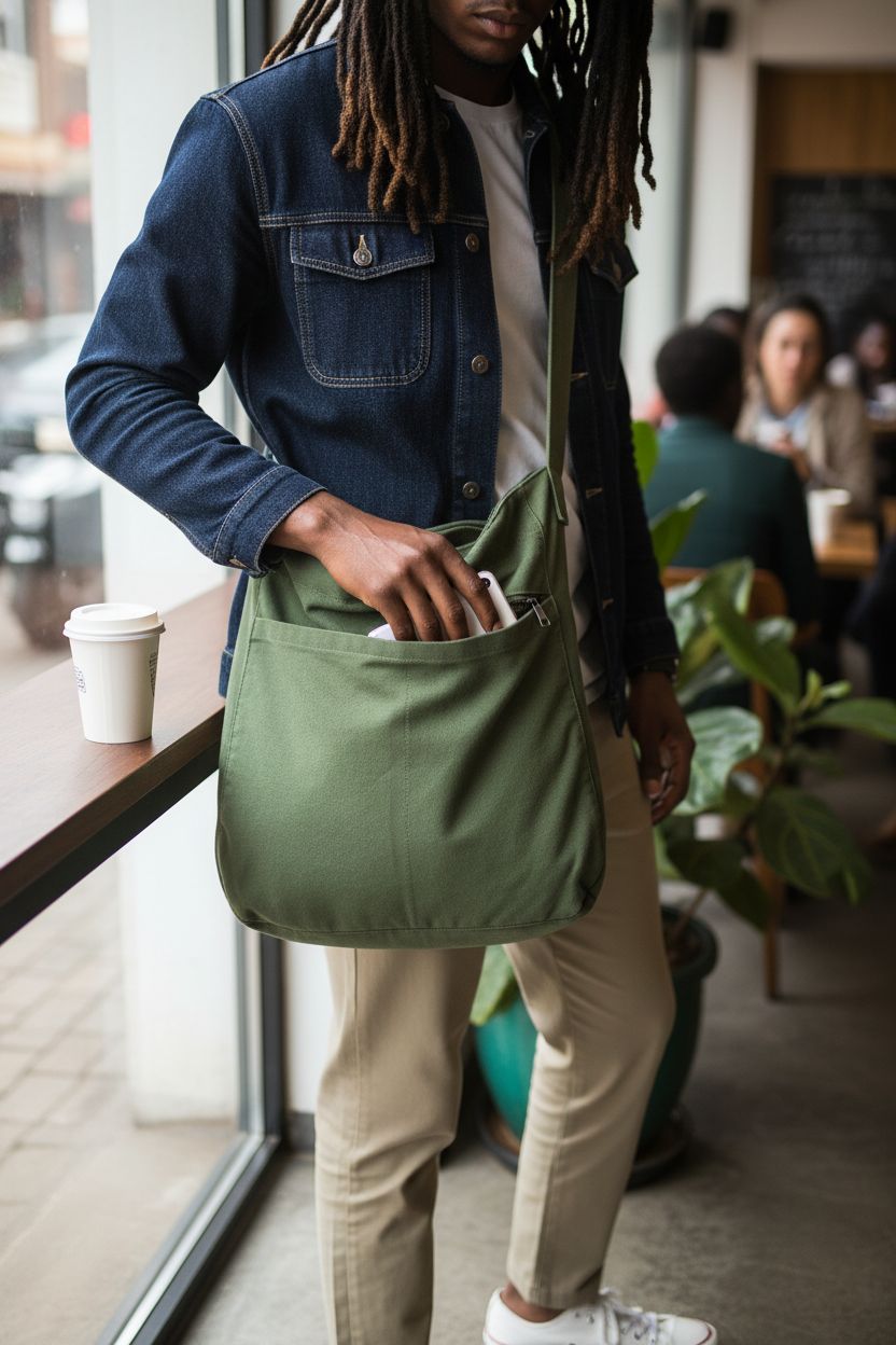 NATINSA green canvas hobo bag with easy-access front pocket in a café setting