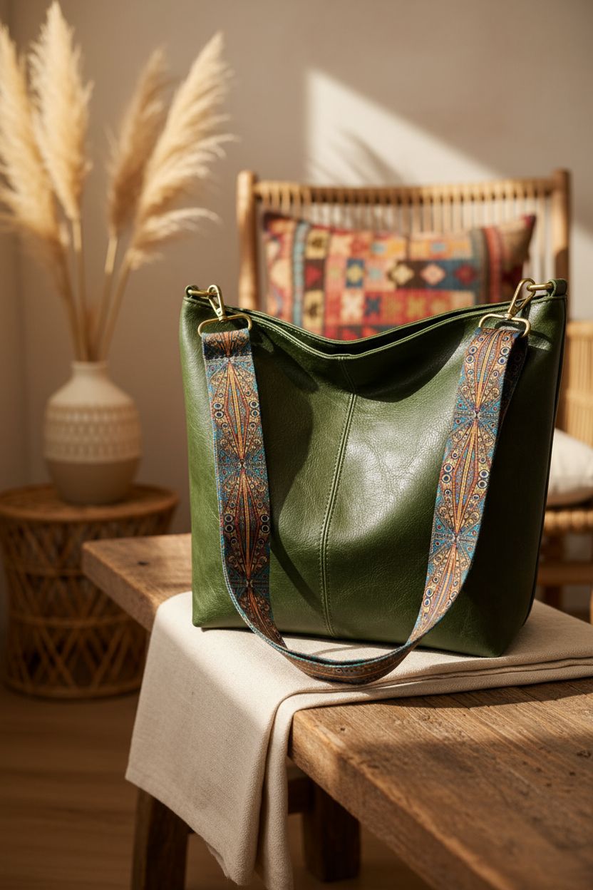 MaijjLyn green hobo bag displayed in a cozy boho living room setting, highlighting vegan leather.