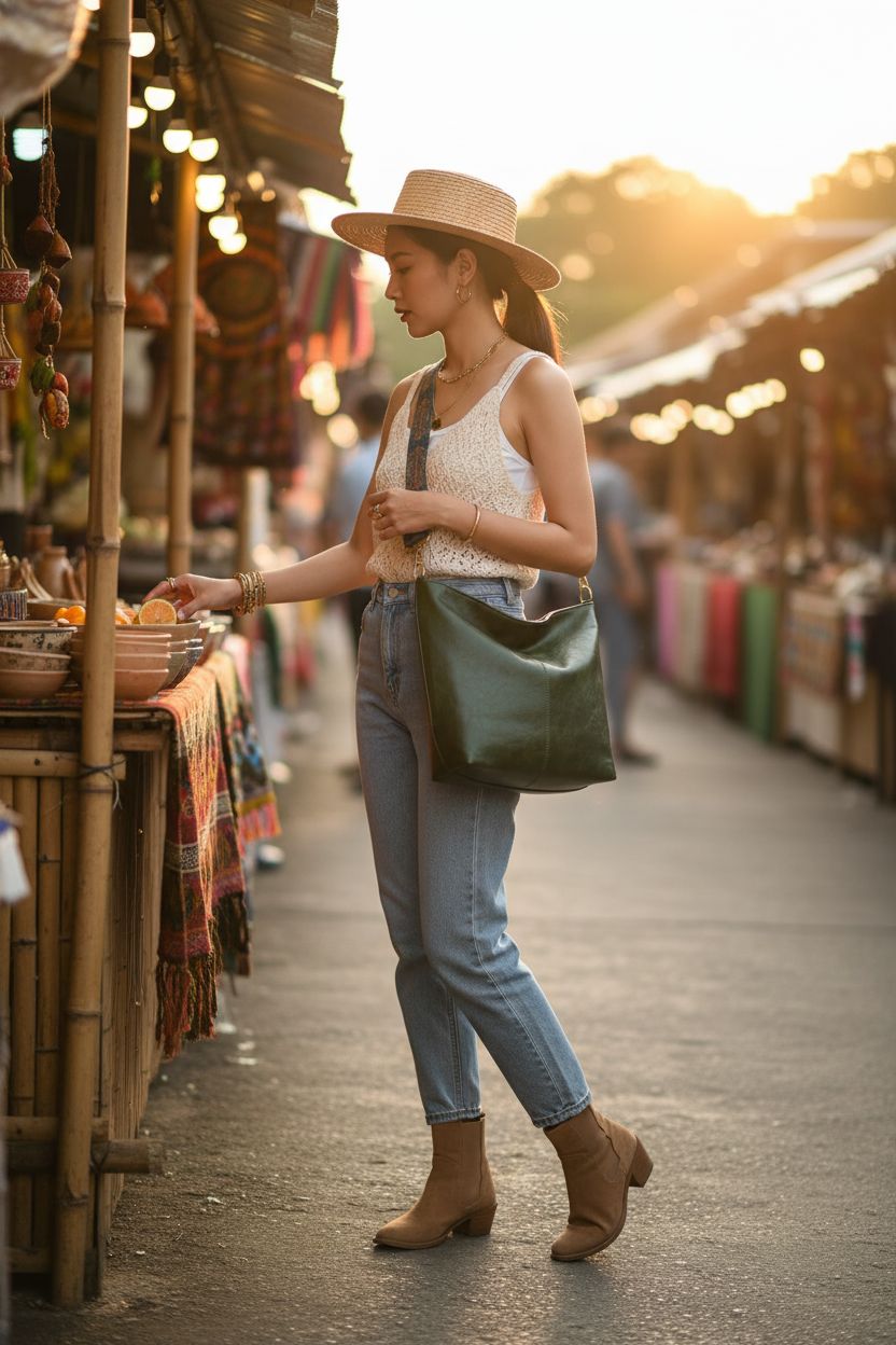 MaijjLyn green hobo bag in a vibrant farmers market setting, showcasing boho style.