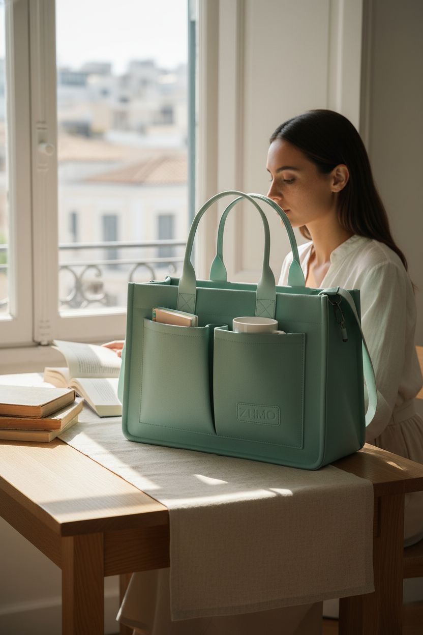 ZHMO mint tote bag beside books and a mug, showcasing its versatile design.
