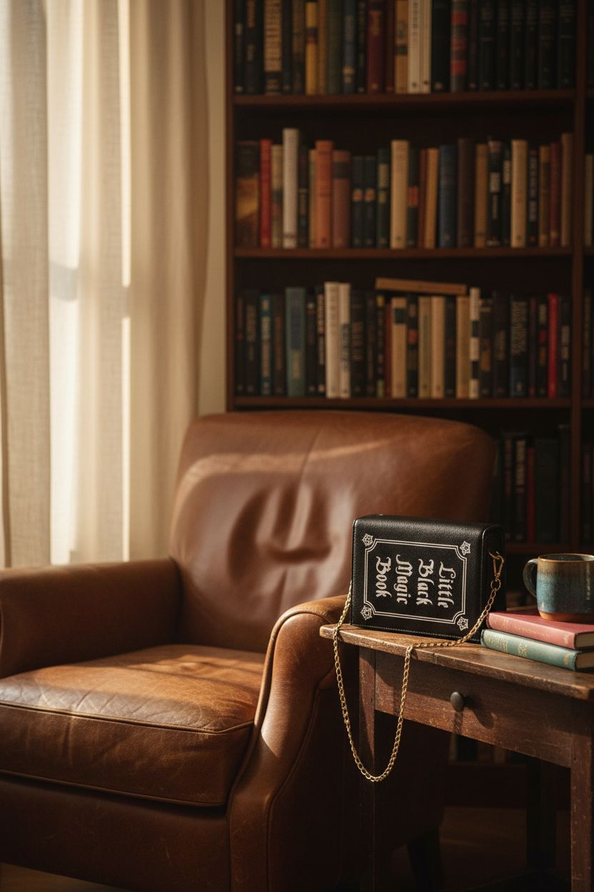 S&Best black book purse in a warm reading nook, highlighting its PU leather and gold chain.
