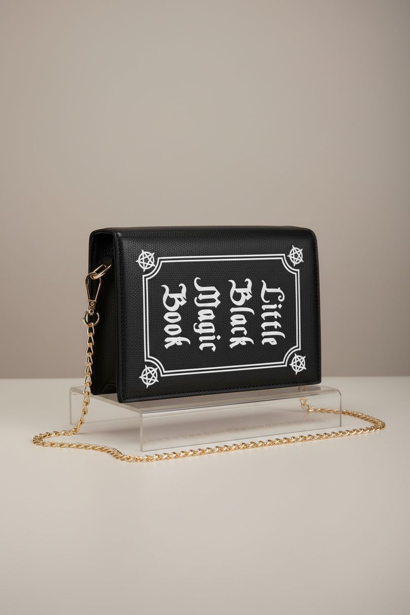 Close-up of S&Best black book purse, showcasing PU leather texture and gold chain detail.