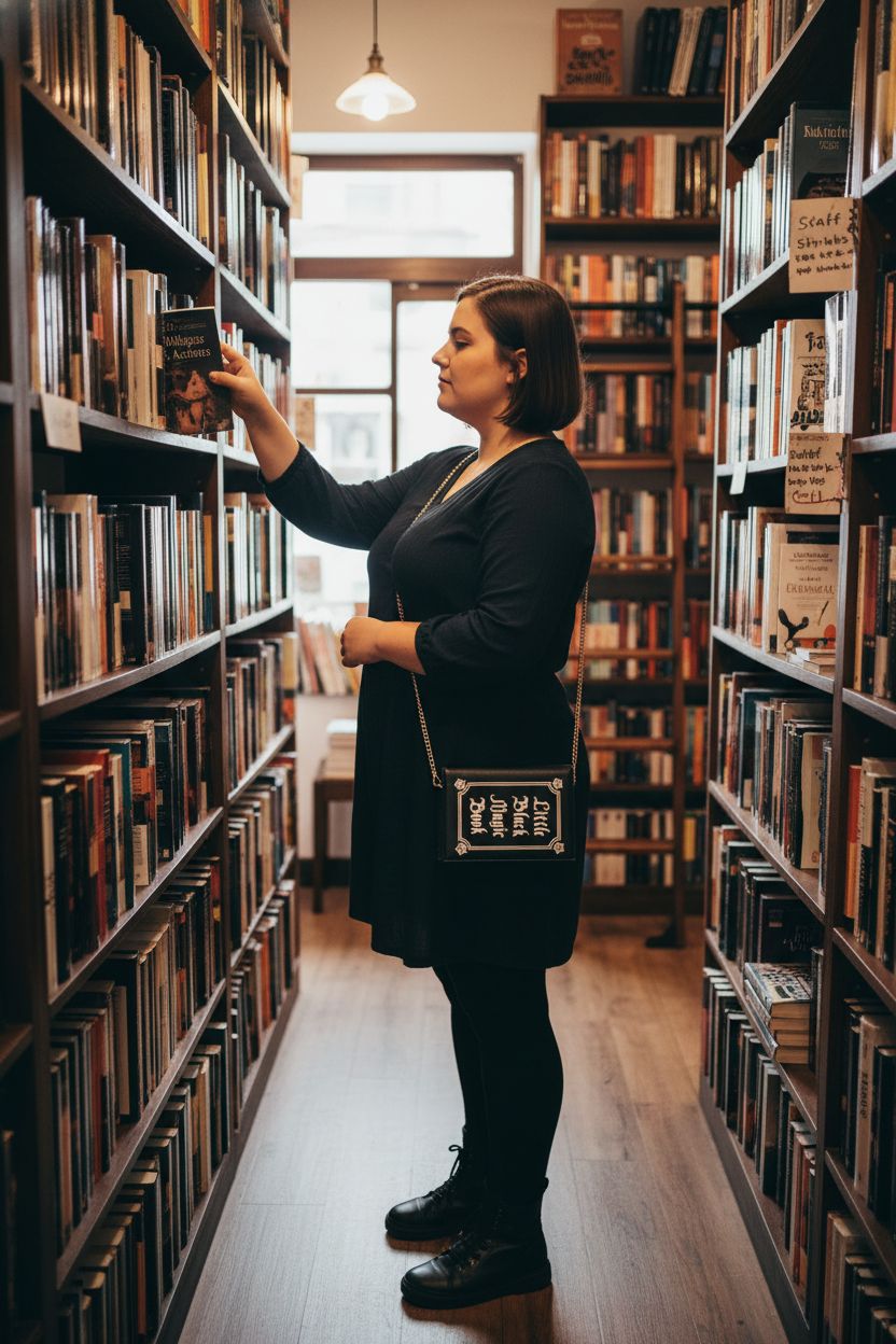 S&Best crossbody book purse in black, placed among books in a cozy bookstore setting.