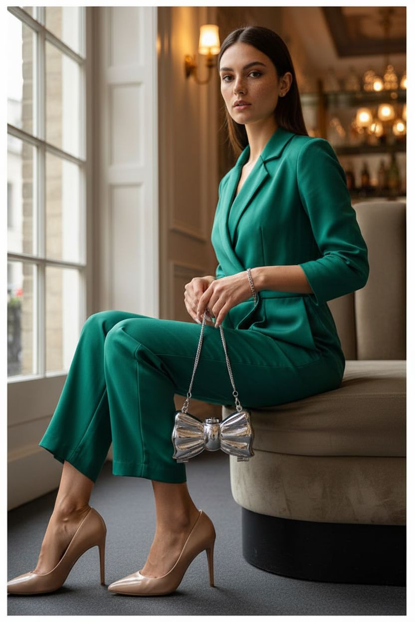 GBWYI Mini Metallic Clutch purse elegantly held in a lush emerald setting, perfect for events.