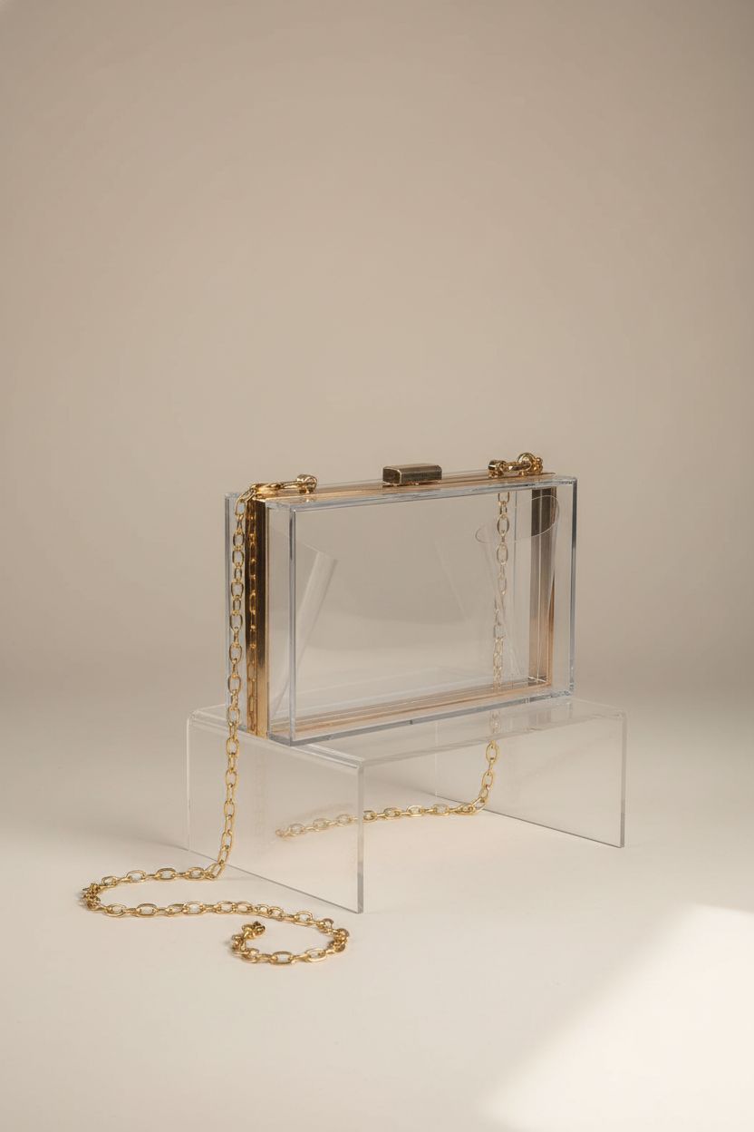 WJCD clear box purse on display with gold chain, showcasing its stylish design