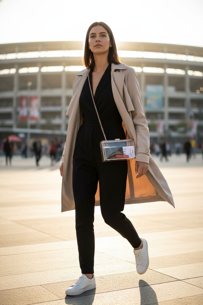 WJCD acrylic box purse worn crossbody at stadium, chic urban look in golden hour