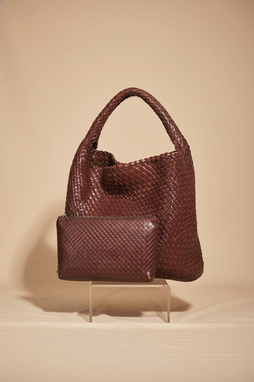 Geelyda braided tote and clutch showcased on a seamless background highlighting design.