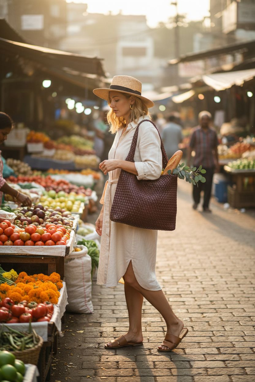 Coffee-brown braided tote bag by Geelyda with eucalyptus and baguette peeking out.