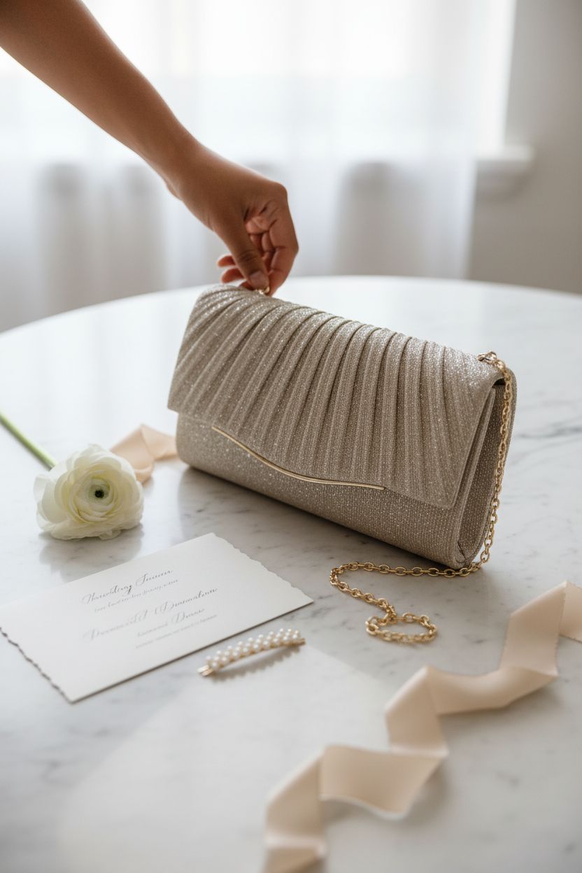 Champagne bridal clutch by lovyoCoCo with elegant wedding details on marble backdrop