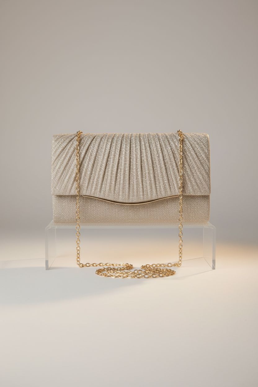Stylish champagne clutch by lovyoCoCo showcased on acrylic riser with soft lighting