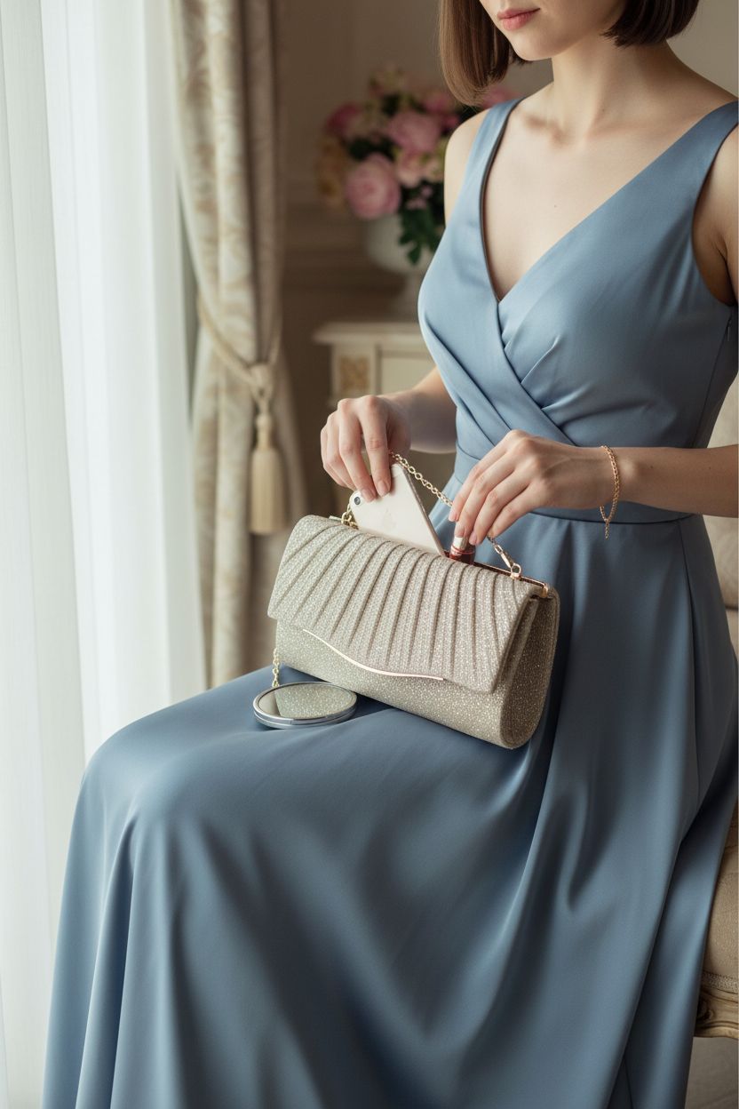 Champagne clutch purse by lovyoCoCo with lipstick and phone, perfect for bridesmaids