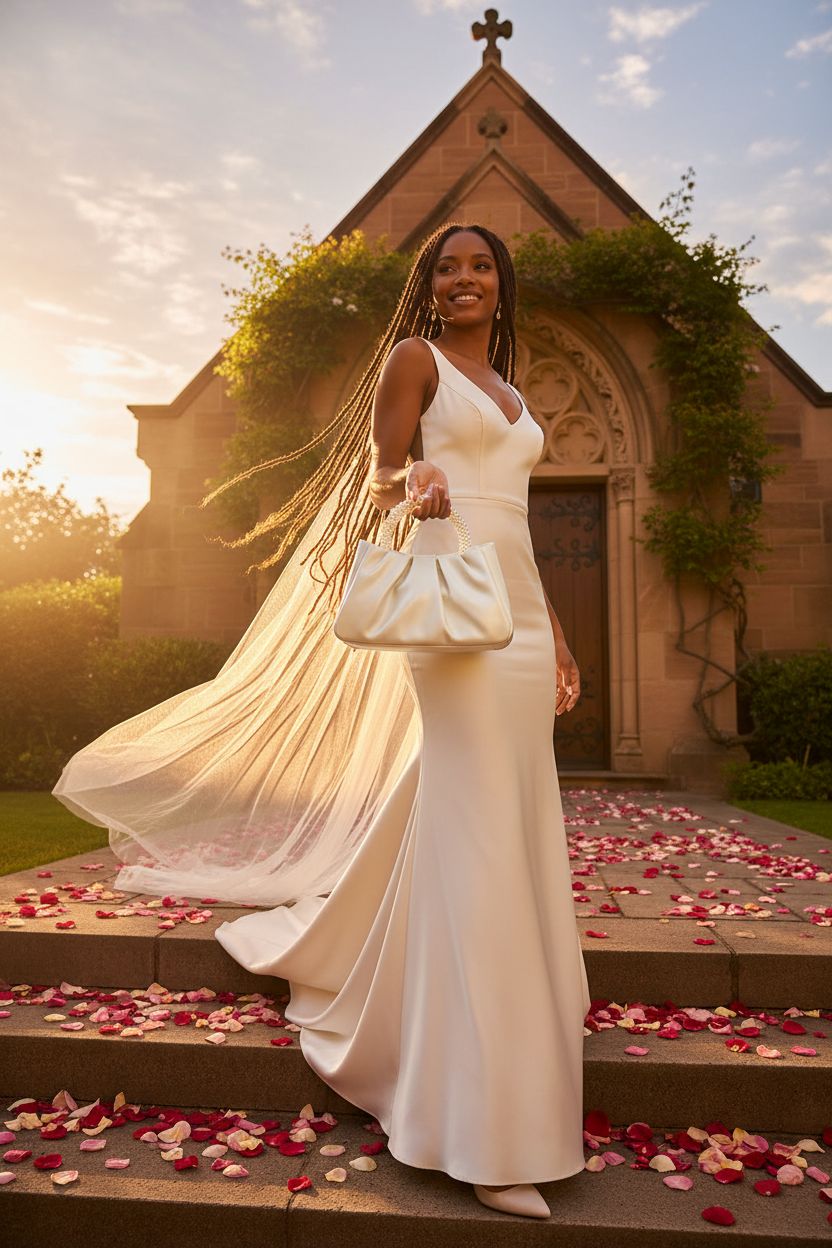 Beatfull elegant white pearl-handled evening purse with ruched leather for brides