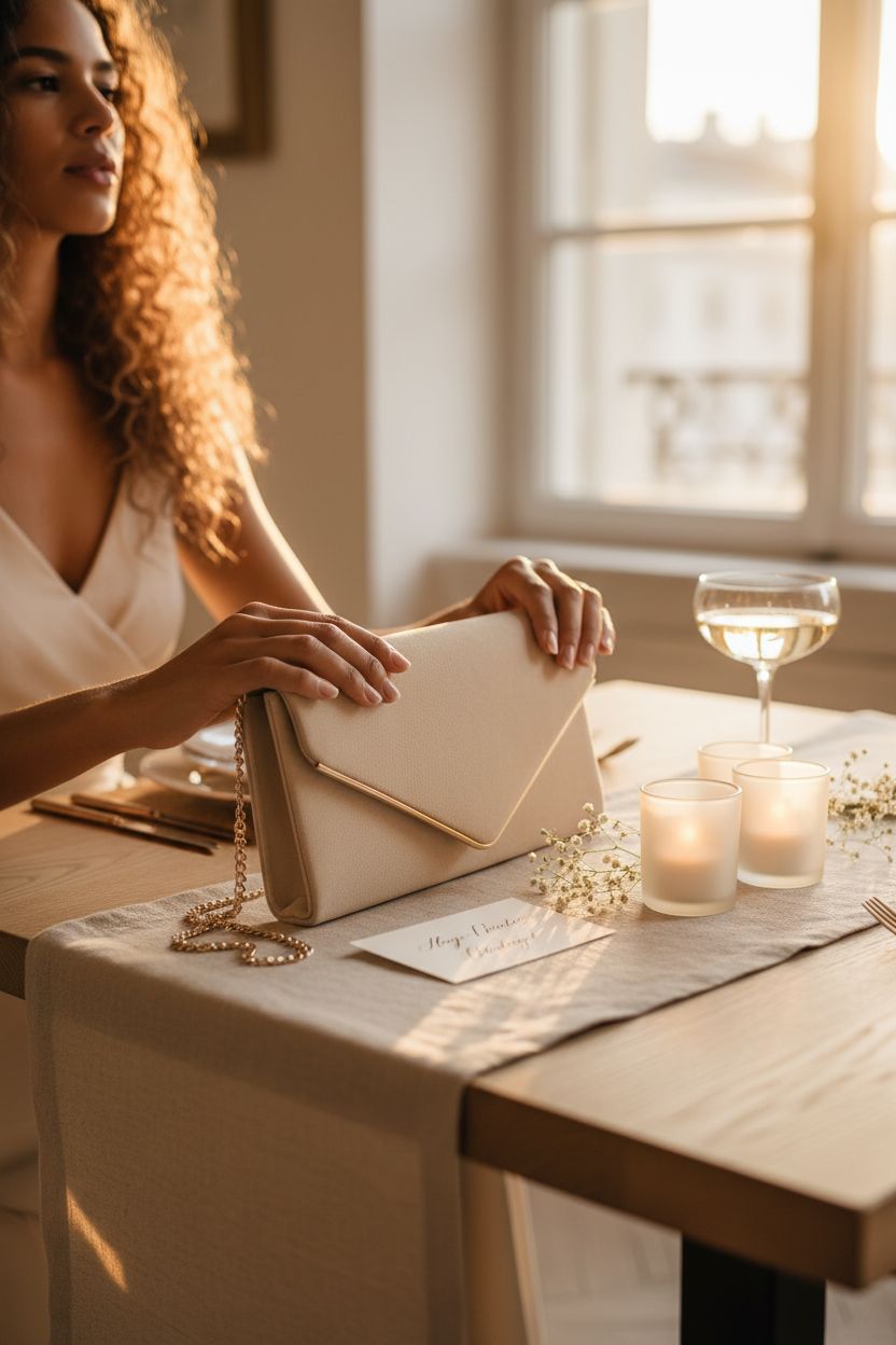 Dasein evening clutch on a linen table runner, surrounded by decor, perfect for elegant wedding settings.