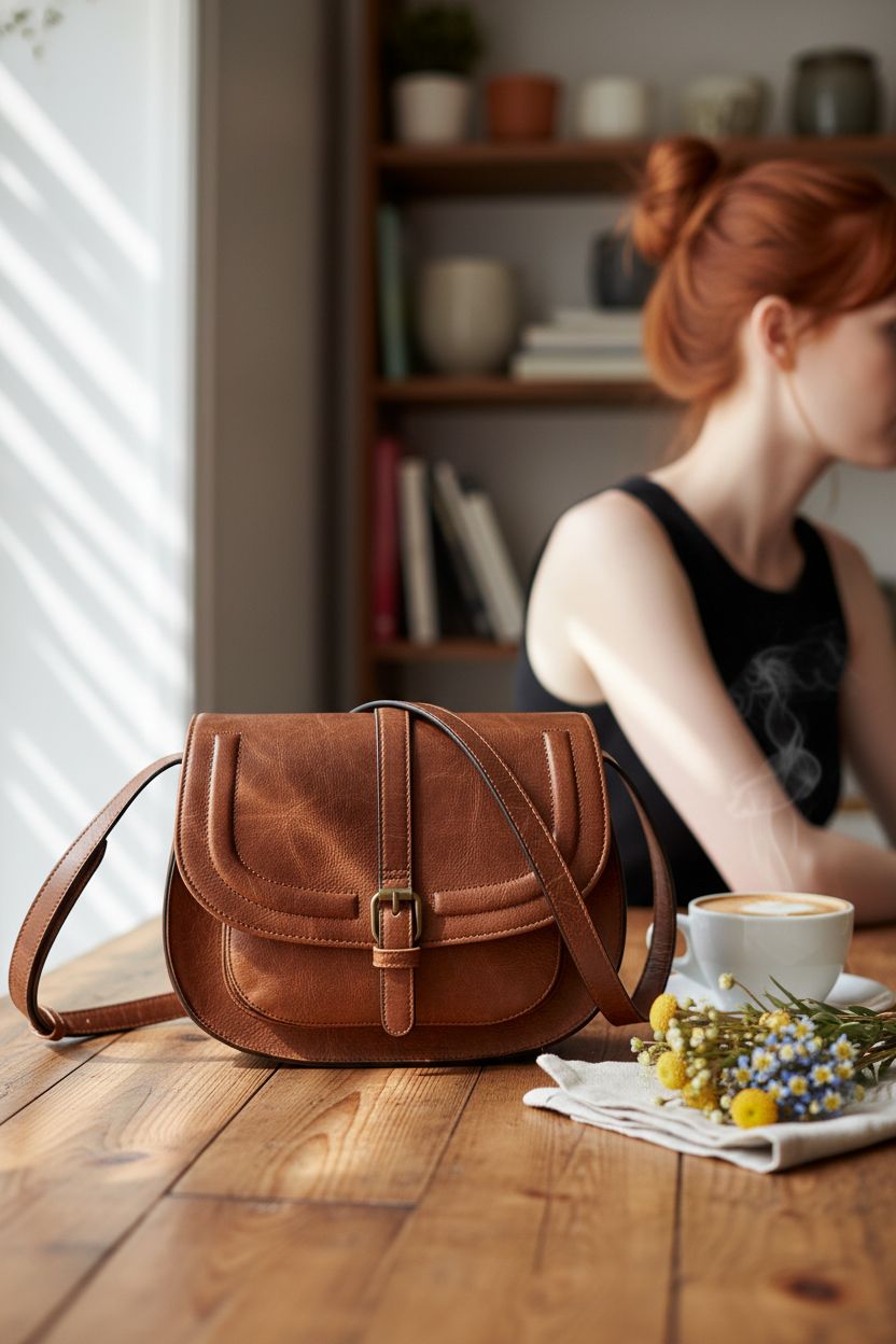 AFKOMST brown leather saddle purse resting on reclaimed wood beside a cappuccino and wildflowers.