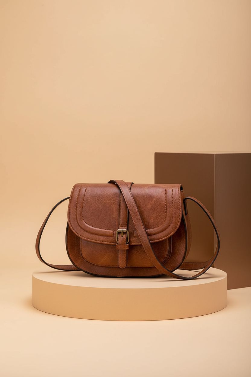 AFKOMST brown leather purse on a studio set with detailed focus on its vegan leather and stitching.