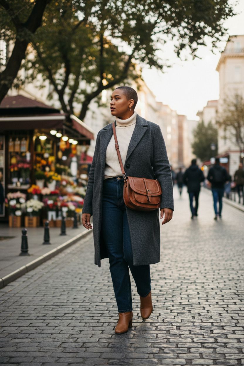 AFKOMST brown vegan leather crossbody bag against a cobblestone street backdrop during golden hour.