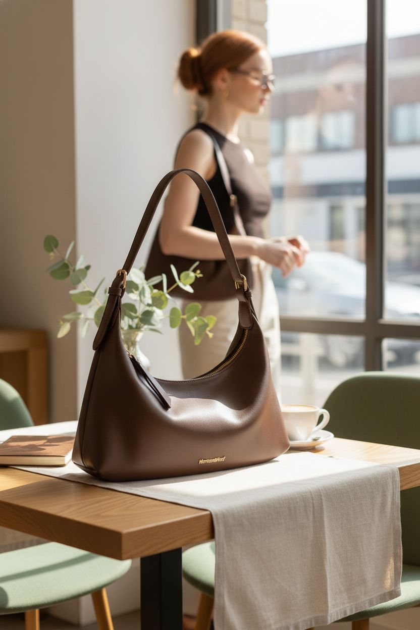 Montana West shoulder hobo bag resting on a café table, highlighting its vegan leather texture.