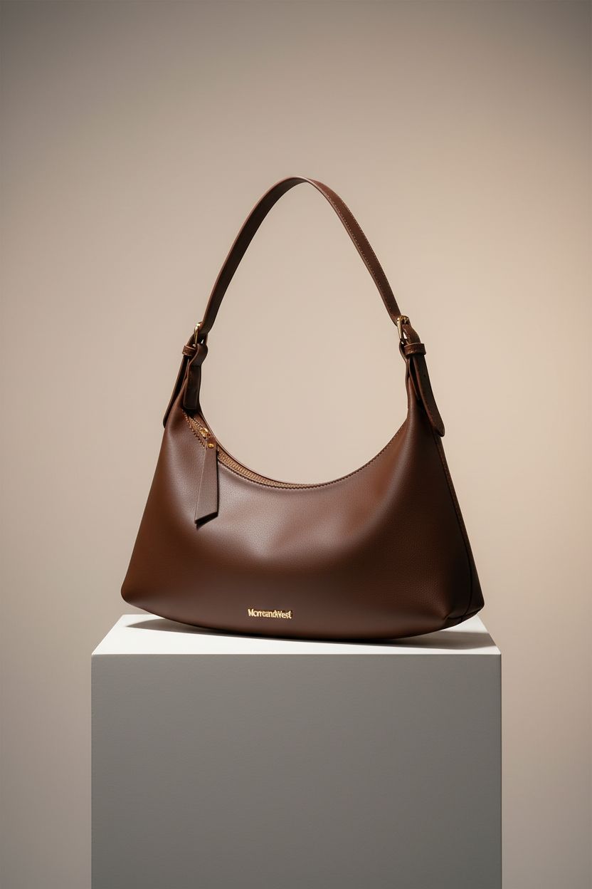 Montana West brown shoulder hobo bag displayed on a pedestal, emphasizing its elegant design.